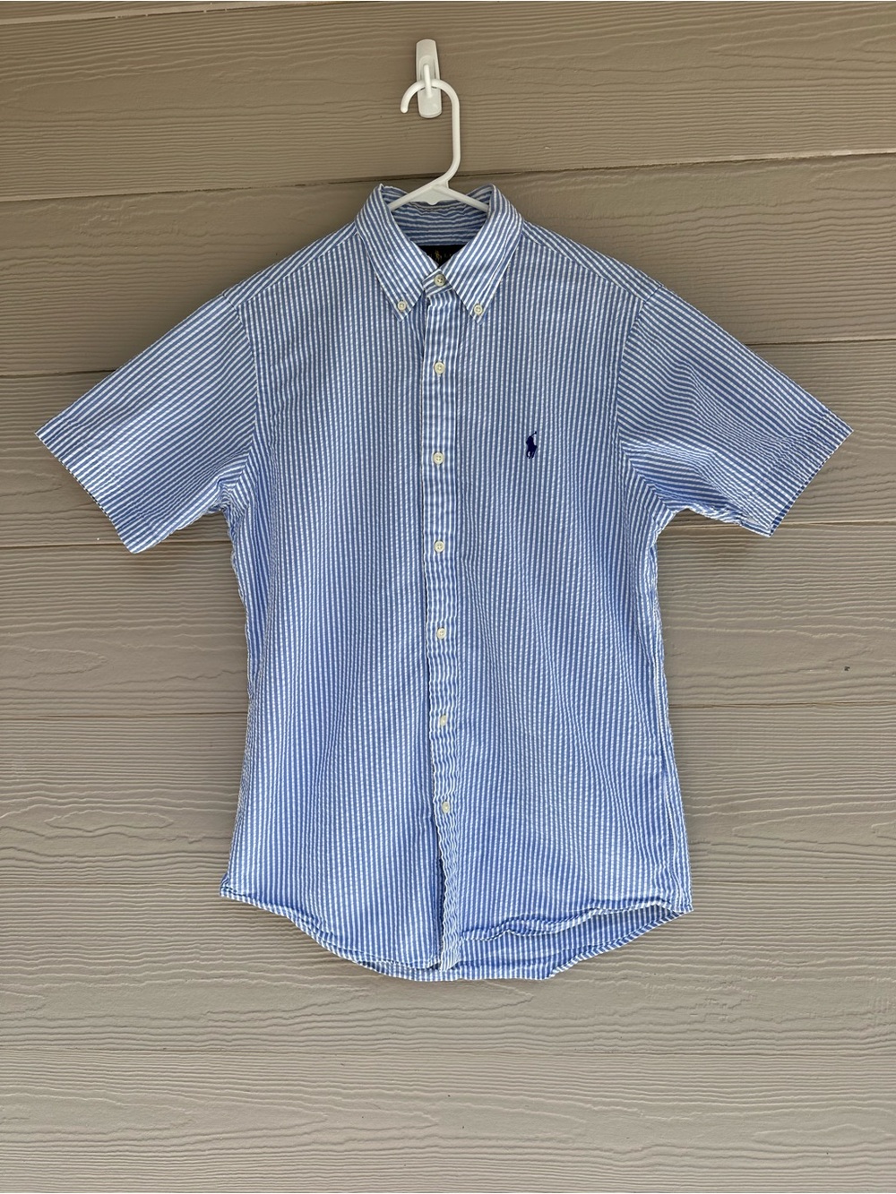 Ralph Lauren Seersucker Button Up Shirt Mens Classic Fit Striped Blue White Sz S